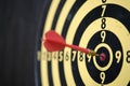Close-up of a dart board with a defocused red dart in the center. Selective focus