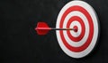 A close-up of a dart firmly embedded in a bullseye target, symbolizing precision and goal achievement in a focused environment