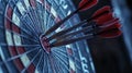A close-up of darts embedded in a dartboard, highlighting precision and focus in the game Royalty Free Stock Photo