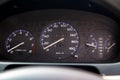 Close-up on dashboard with analog devices speedometer and tachometer in the interior of an old Japanese car Royalty Free Stock Photo