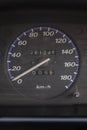 Close-up of a dashboard display sensor, on-board computer, speedometer with a blue line around the dial and white symbols on a Royalty Free Stock Photo