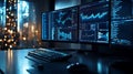 close up of data analyst desk featuring multiple monitors displaying financial charts and graphs, creating focused and analytical