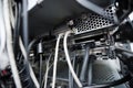 Close-up of data cable plug connected to servers in computer lab Royalty Free Stock Photo