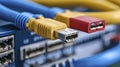 Close-Up of Data Cables and Network Device Connectors Royalty Free Stock Photo