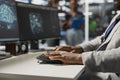 Close up of data center admin coding, using artificial intelligence Royalty Free Stock Photo