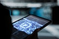 Close up of data center programmer using AI tech on tablet Royalty Free Stock Photo
