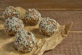 Close up of dates oatmeal balls. No cook energy bites, selective focus