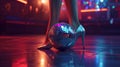 A close-up of dazzling stiletto heels beside a reflective disco ball on the dance floor Royalty Free Stock Photo