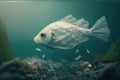 close-up of dead fish floating in river, surrounded by plastic bags and other debris It's stark reminder of the