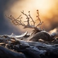 a close up of a dead tree branch on the ground with the sun in the background