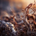 a close up of a dead tree branch with a sunset in the background