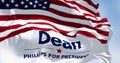 Close-up of Dean Phillips election campaign flag and the American flag waving