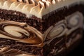 close-up of decadent layer cake, with visible swirls of frosting