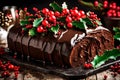 A close-up of a decadent Yule log cake covered in rich chocolate ganache and adorned with edible holly and berries