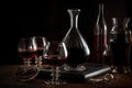 close-up of decanter and glasses, with pour of red wine visible