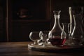 close-up of decanter and wine glasses on rustic wooden table