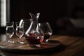 close-up of decanter with wine and glasses on wooden table