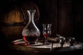 close-up of decanter with wine and glasses on wooden table