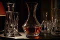 close-up of decanter, with wineglasses and glasses visible in the background