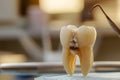 Close-up of decayed molar tooth and dental instrument in dental office setting Royalty Free Stock Photo