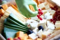 A close up of a decorated cake on a plate different cheeses