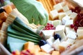 A close up of a decorated cake on a plate different cheeses