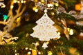 Close up decorated christmas tree on blurred, sparkling and fairy background