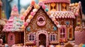 A close-up of a decorated gingerbread house
