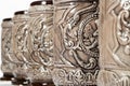 Close-up of decorated pottery tankards placed in row Royalty Free Stock Photo