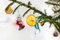 Close-up of decorated retro Christmas tree on white background Royalty Free Stock Photo