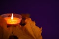 Close up of decoration yellow orange leaves and burning candle on dark purple blurred background with copy space. Holiday autumn Royalty Free Stock Photo