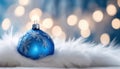 Close up of decorative blue baubles on white fur. Royalty Free Stock Photo