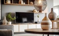 Close up of decorative clay vases on wooden coffee table against tv wall unit. Scandinavian style home interior design of modern