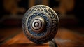 A close up of a decorative door knob on top of wood, AI