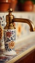A close up of a decorative faucet with a gold handle, AI