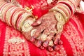 Close up of Decorative hands of Indian Bride with Golden Jewellery.