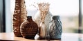 Close up of decorative jars and vase decoraed with Macrame knotting on wooden table. Home decor and accent pieces