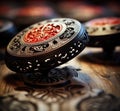 A close up of a decorative object with red and black designs, AI