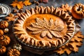 A close-up of a decorative pumpkin pie with intricate leaf-shaped crust patterns, showcasing the artistry of holiday baking. --ar