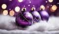 Close up of decorative purple baubles on white fur. Royalty Free Stock Photo