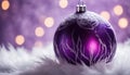 Close up of decorative purple baubles on white fur. Royalty Free Stock Photo