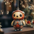 close-up, decorative toy hanging on a branch near the Christmas tree in the room, AI generate