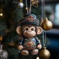 close-up, decorative toy hanging on a branch near the Christmas tree in the room, AI generate