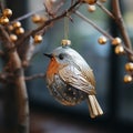 close-up, decorative toy hanging on a branch near the Christmas tree in the room, AI generate