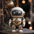 close-up, decorative toy hanging on a branch near the Christmas tree in the room, AI generate