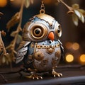 close-up, decorative toy hanging on a branch near the Christmas tree in the room, AI generate