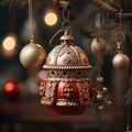 close-up, decorative toy hanging on a branch near the Christmas tree in the room, AI generate