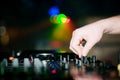 Close-up of deejays hand and turntable Royalty Free Stock Photo