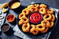 Close-up of deep fried crispy calamari rings