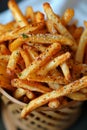 Close up of deep fried crispy french fries cooking in a fryer, delicious golden fries being prepared Royalty Free Stock Photo